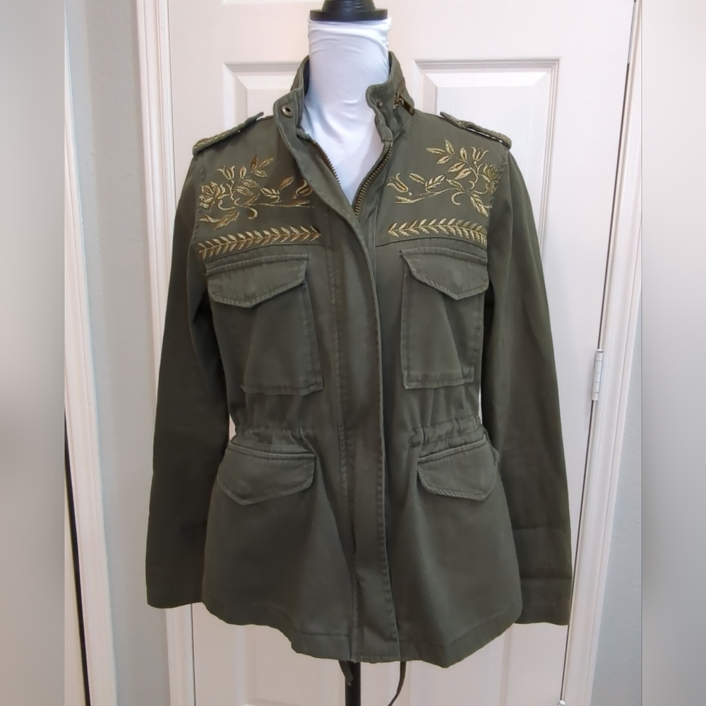 Forever 21 Army Green Military Utility Jacket Coat Embroidered Size S